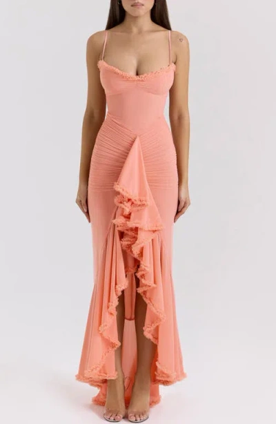 HOUSE OF CB HOUSE OF CB GABBI RUFFLE MESH HIGH-LOW COCKTAIL DRESS