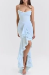 House Of Cb Womens Gabbi Ruffled-front Slim-fit Stretch-mesh Maxi Dress Ice Blue In Ice Water