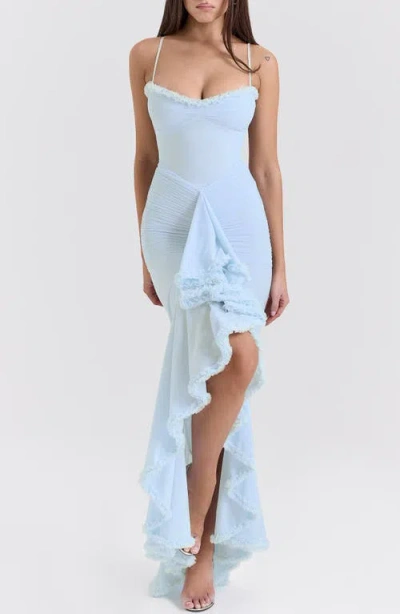 HOUSE OF CB HOUSE OF CB GABBI RUFFLE MESH HIGH-LOW COCKTAIL DRESS