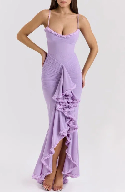 HOUSE OF CB HOUSE OF CB GABBI RUFFLE MESH HIGH-LOW COCKTAIL DRESS