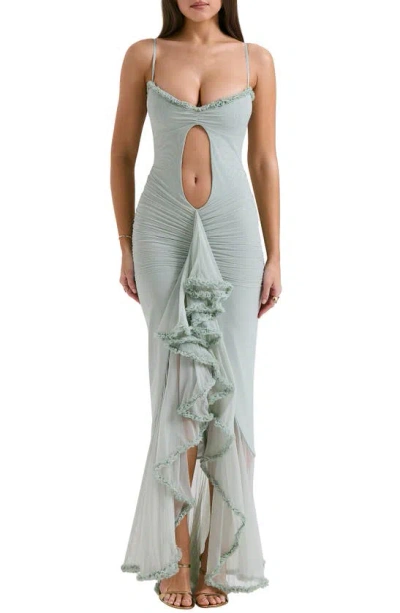 House Of Cb Gabriella Keyhole & Ruffle Mesh Body-con Gown In Aqua