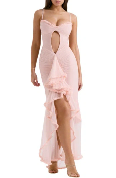 House Of Cb Gabriella Keyhole & Ruffle Mesh Body-con Gown In Soft Peach