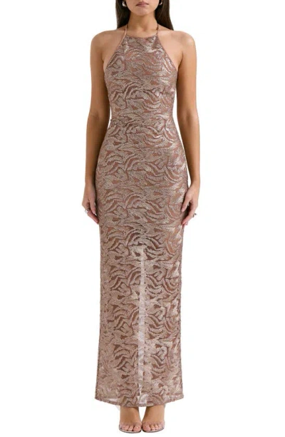 House Of Cb Giada Beaded Halter Gown In Rose Gold