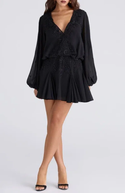 House Of Cb Gianna Beaded Godet Long Sleeve Minidress In Black