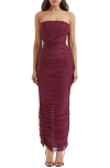 House Of Cb Gradient Color Strapless Ruched Mesh Gown In Windsor Wine
