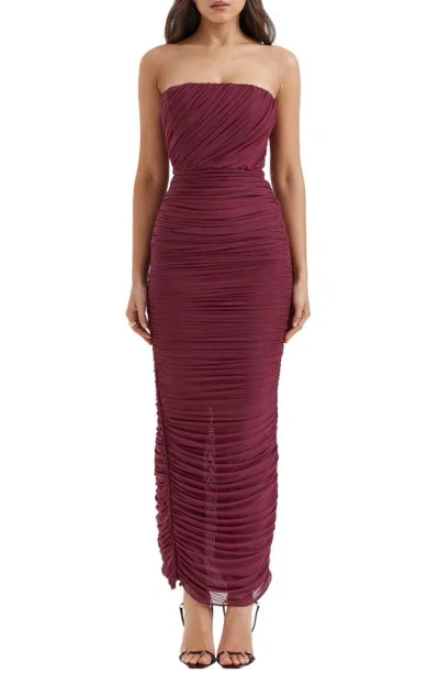 House Of Cb Gradient Color Strapless Ruched Mesh Gown In Windsor Wine