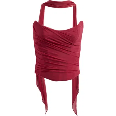 House Of Cb Hallie Corset Mesh Halter Top In Cabernet