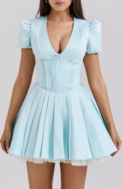 House Of Cb Imani Pleated Puff Sleeve Minidress In Blue