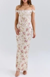 House Of Cb Womens Vintage Cream Print Isis Corseted Satin Maxi Dress In Neutral