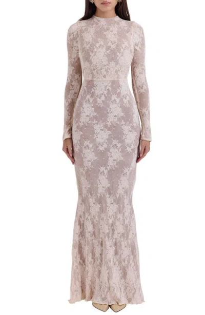 House Of Cb Isoline Lace Long Sleeve Gown In Peach