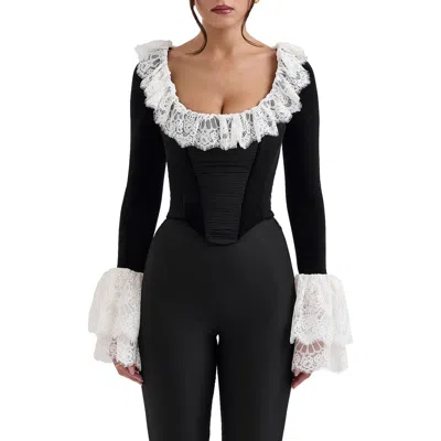 House Of Cb Jacinda Ruffle Velvet Corset Top In Black