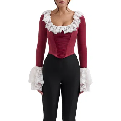 House Of Cb Jacinda Ruffle Velvet Corset Top In Cabernet