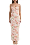 House Of Cb Josefina Floral Bustier Bodice Stretch Satin Body-con Dress In Peony Print