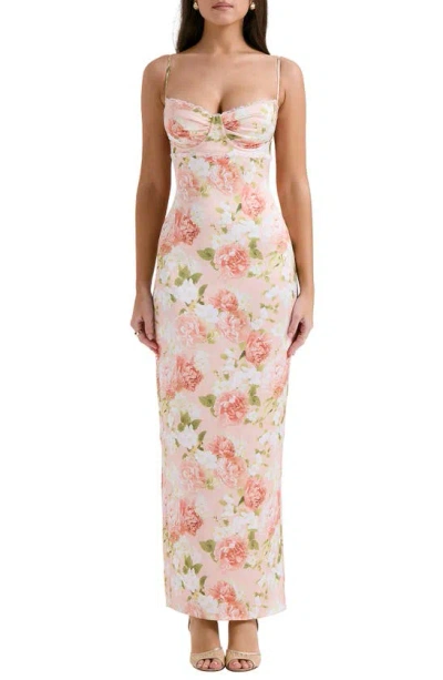 House Of Cb Josefina Floral Bustier Bodice Stretch Satin Body-con Dress In Peony Print