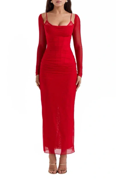 House Of Cb Katrina Lace Mesh Long Sleeve Gown In Red
