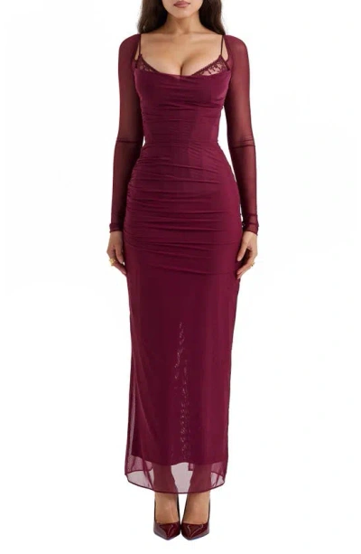 House Of Cb Katrina Lace Mesh Long Sleeve Gown In Windsor Wine