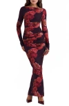 House Of Cb Lanetta Ruched Bateau Neck Long Sleeve Georgette Dress In Flower Print