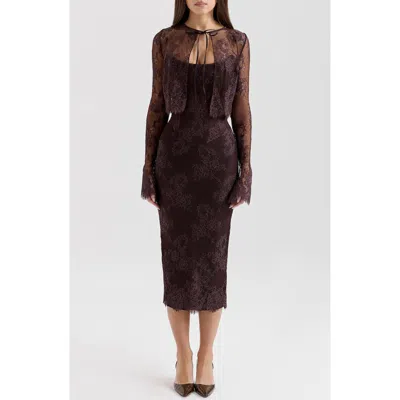 House Of Cb Larra Lace Tie Neck Long Sleeve Midi Dress & Bolero Jacket In Chocolate Plum