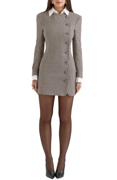 House Of Cb Leoni Houndstooth Long Sleeve Minidress In Brown And Black Check