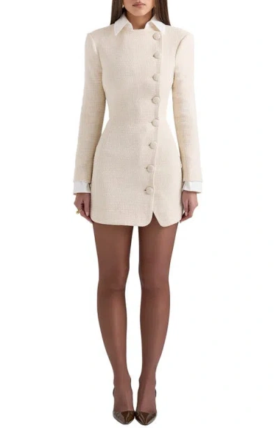 House Of Cb Leoni Houndstooth Long Sleeve Minidress In Vintage Cream