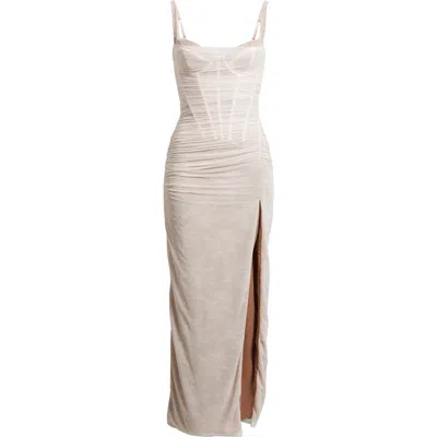 House Of Cb Lini Ruched Lace Sleeveless Mesh Gown In Neutral