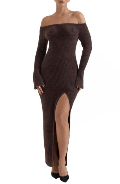 House Of Cb Lucena Metallic Long Sleeve Off The Shoulder Maxi Sweater Dress In Grey Lurex