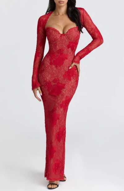 House Of Cb Lucienne Lace Corset Strapless Gown & Bolero In Red
