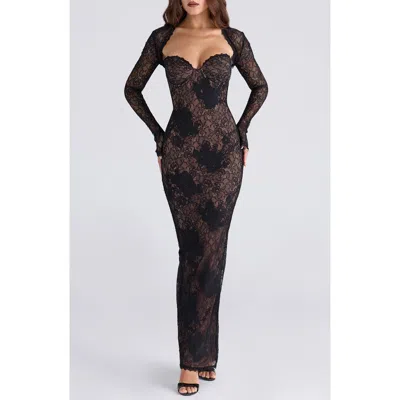 House Of Cb Lucienne Strapless Stretch Lace Gown With Bolero In Black