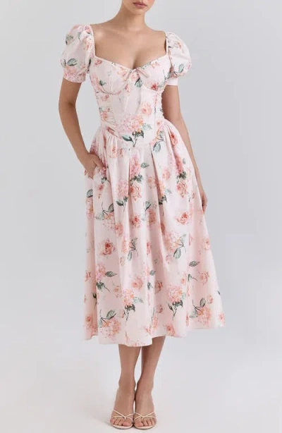 House Of Cb Lulabell Puff Sleeve Midi Dress In Hydrangea And Rose Peach