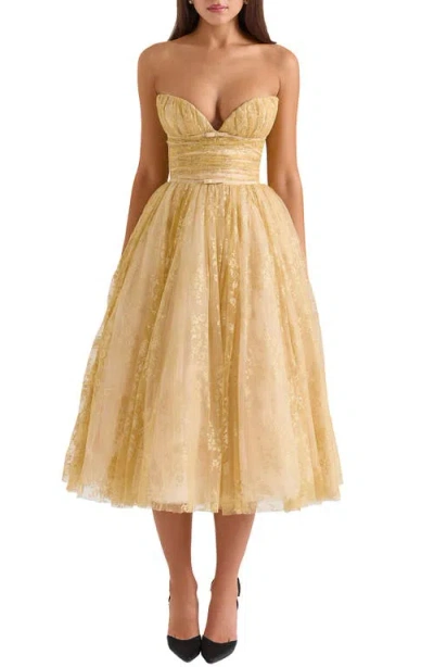 House Of Cb Madame Metallic Gathered Strapless Midi Dress In Peach Dust