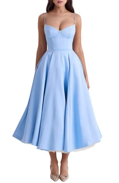 House Of Cb Mademoiselle Bustier Stretch Satin Midi Dress In Cinderella Blue