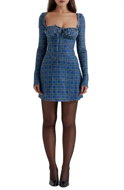 House Of Cb Malika Long Sleeve Cocktail Minidress In Blue Tartan Print