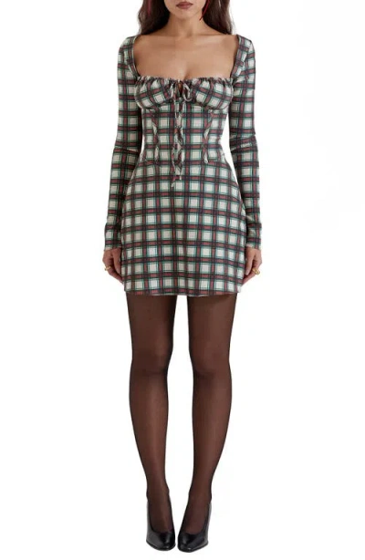 House Of Cb Malika Long Sleeve Cocktail Minidress In Ivory/red Tartan Print
