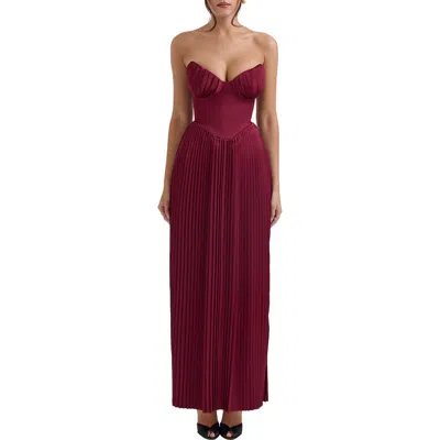 House Of Cb Marcella Strapless Pleated Georgette Gown In Cabernet