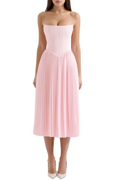 House Of Cb Marci Corset Pleated Strapless Midi Dress In Pinkesque