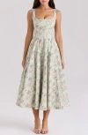 House Of Cb Mariabella Lace-up Stretch Cotton Midi Dress In Vintage Floral And Sage