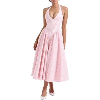 House Of Cb Marilyn Gingham Halter Midi Sundress In Rose Shadow