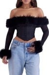 HOUSE OF CB MERLE FAUX FUR OFF THE SHOULDER CROP CORSET