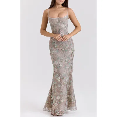 House Of Cb Naima Embroidered Sequin Mermaid Gown In Silver Lining