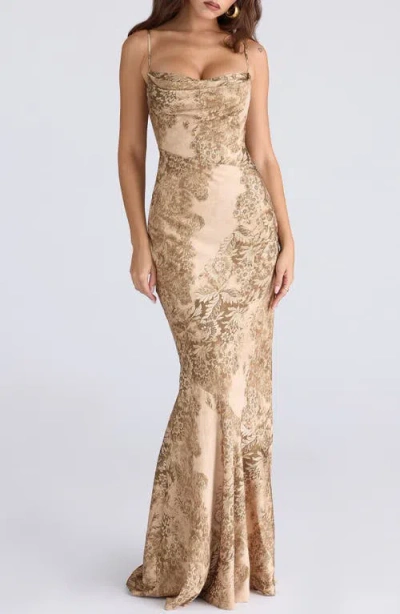 House Of Cb Nalani Floral Satin Burnout Gown In Nude