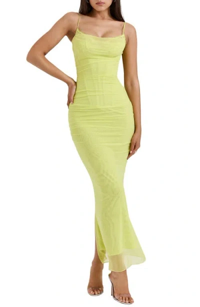 House Of Cb Nalini Mesh & Lace Corset Gown In Limeade