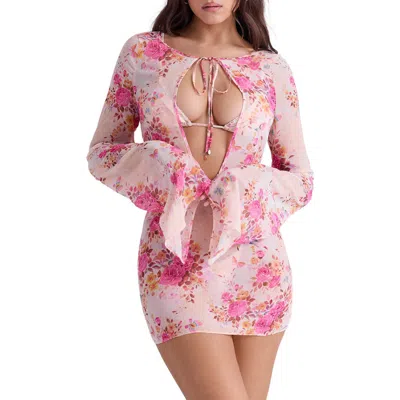 House Of Cb Oceana-a Sheer Long Sleeve Cover-up Minidress In Floral Print