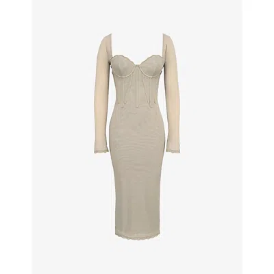 House Of Cb Of Cb Womens Beige Mesh Saisha Long-sleeve Lace Midi Dress Xs