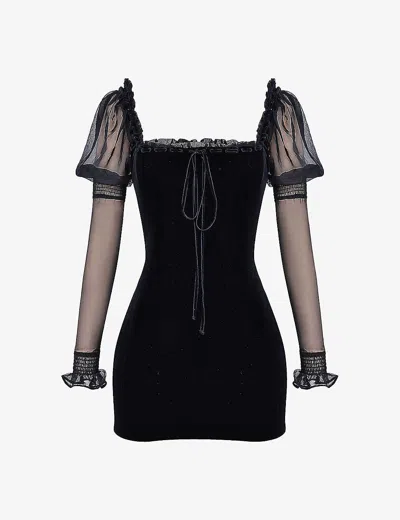 House Of Cb Womens Black Syana Square-neck Stretch-velvet Mini Dress