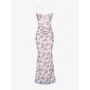 House Of Cb Womens Cream Rose Print Calista Floral-print Body-con Stretch-mesh Maxi Dress