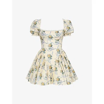 House Of Cb Of Cb Womens Lemon Rose Print Rosie Floral-print Stretch-cotton Mini Dress
