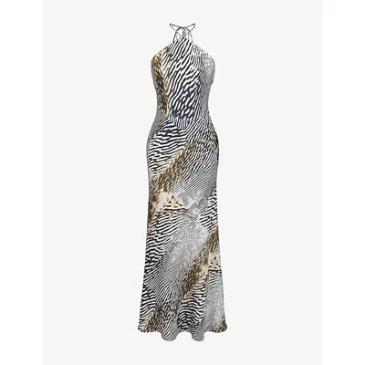 House Of Cb Of Cb Womens Luna Halter-neck Graphic-print Satin Maxi Dress Animal Print