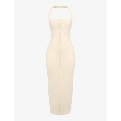 House Of Cb Womens Ecru Mia Halter-neck Stretch-woven Maxi Dress