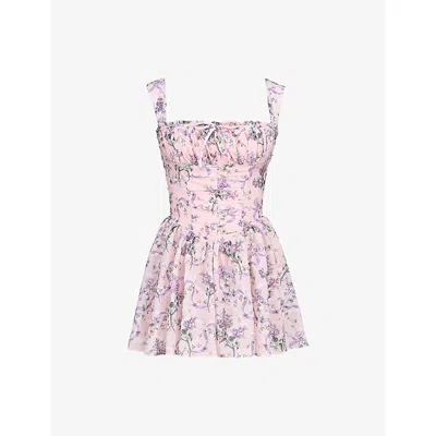 House Of Cb Of Cb Womens Pink Ribbon Print Ophelia Floral-print Chiffon Mini Dress Xs