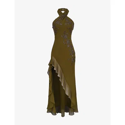 House Of Cb Of Cb Womens Raquel Georgetted Halter-neck Woven Maxi Dress Sage